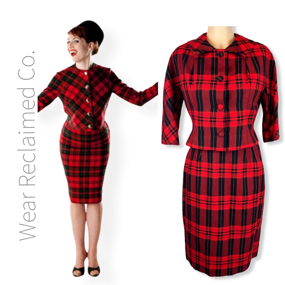 VTG 1960s Red & Black Plaid Pencil Skirt & Jacket